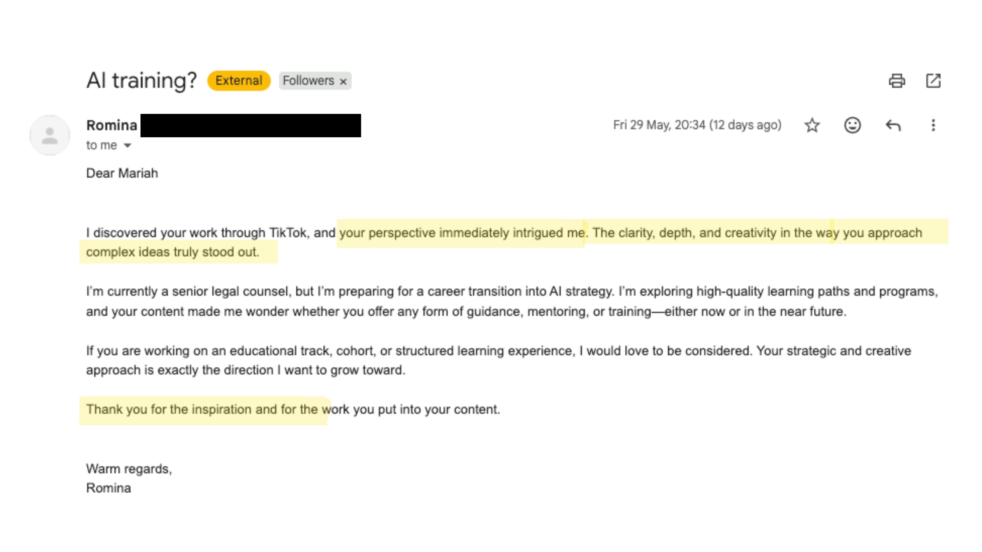 Email from a multi-location business owner asking Mariah to help bring AI into their company