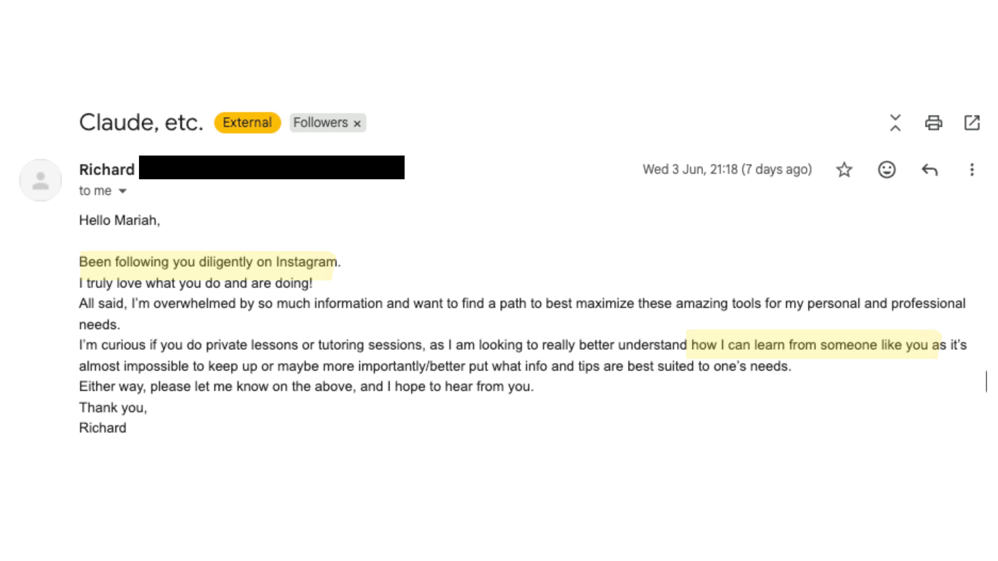 Email from a company COO asking if Mariah offers AI consulting or implementation