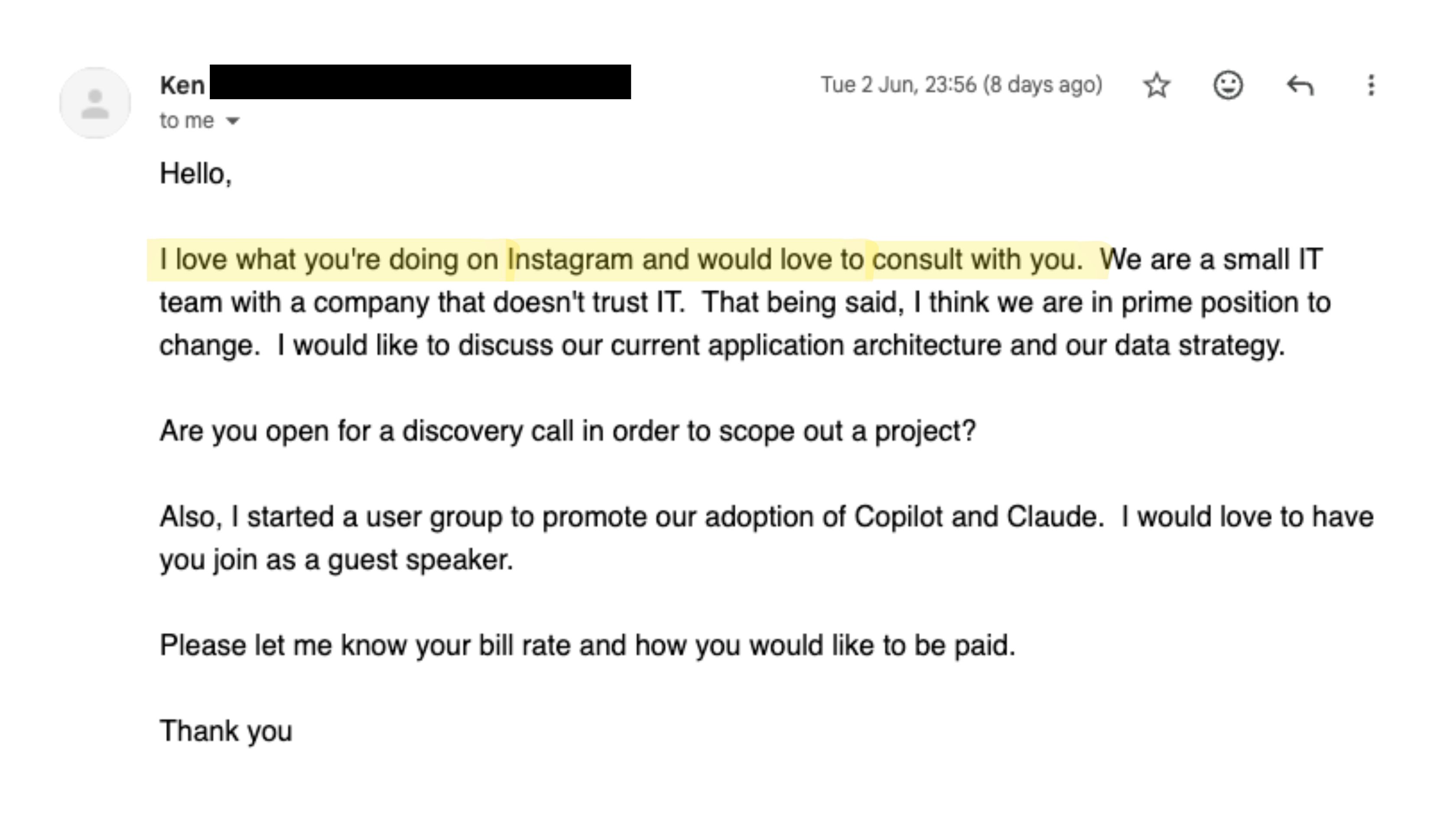 Email praising Mariah's Claude decision-making prompt