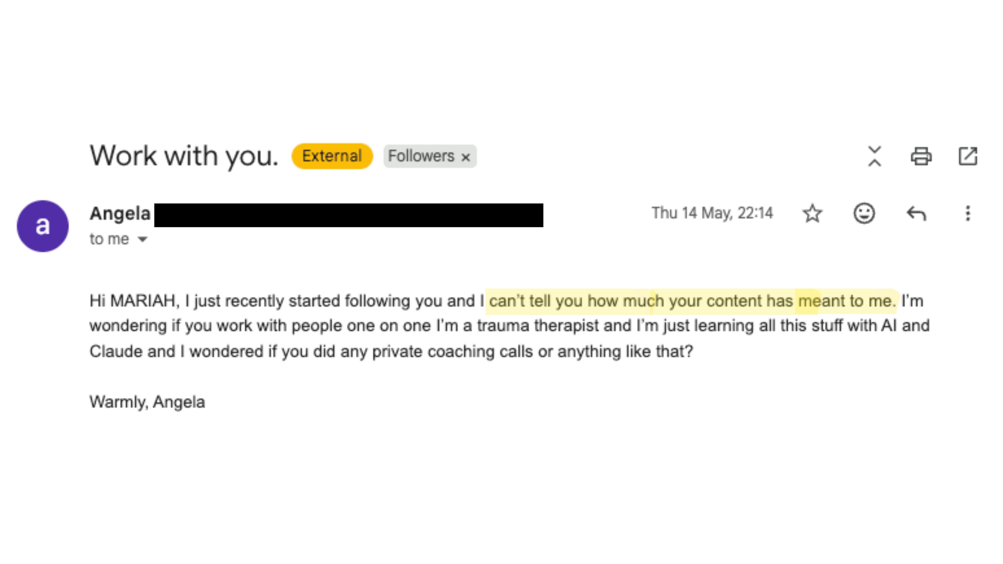 Email from a writer once skeptical of AI, now impressed after learning from Mariah