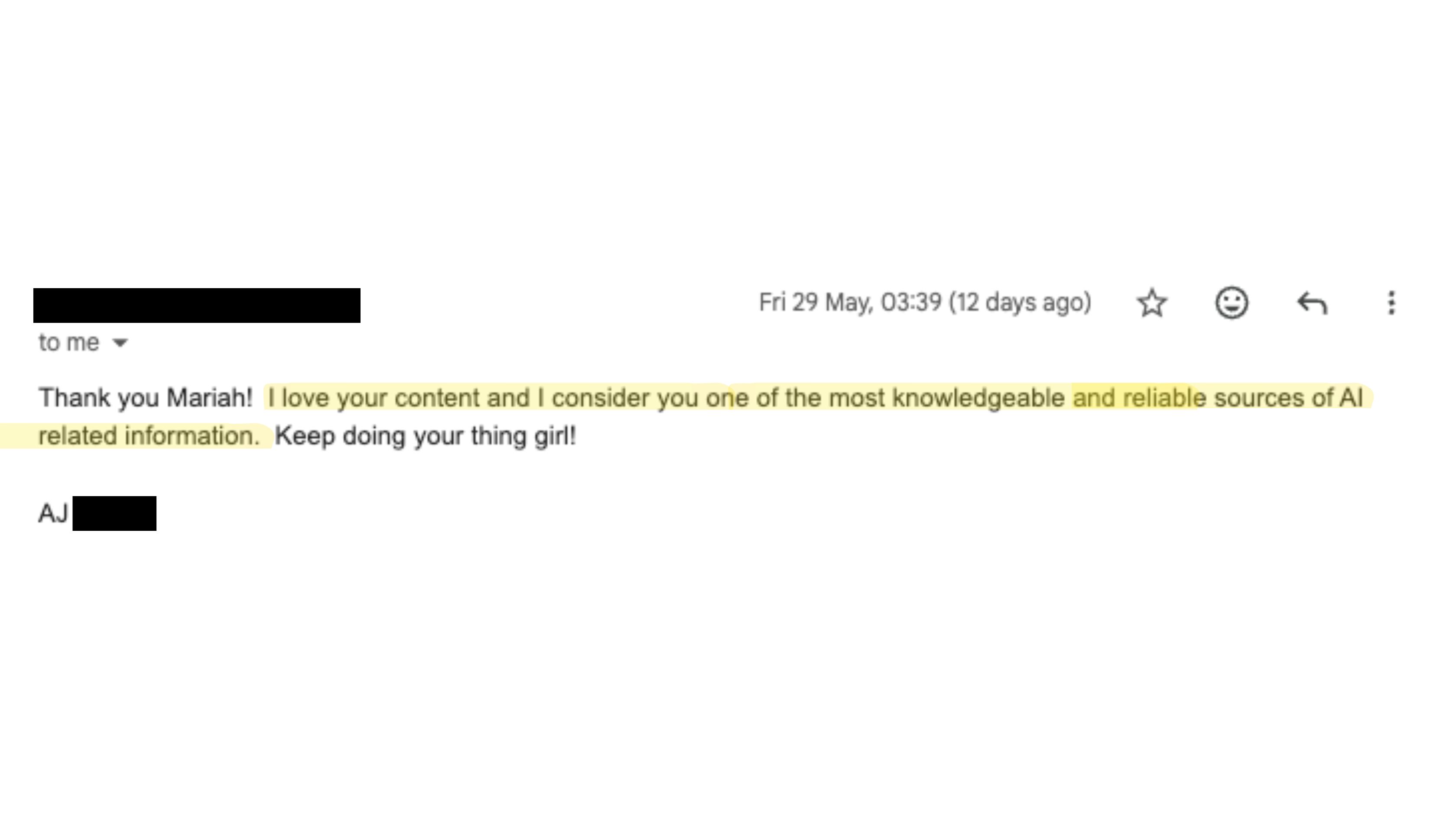 Email from a veterinary neurologist praising Mariah's practical AI content