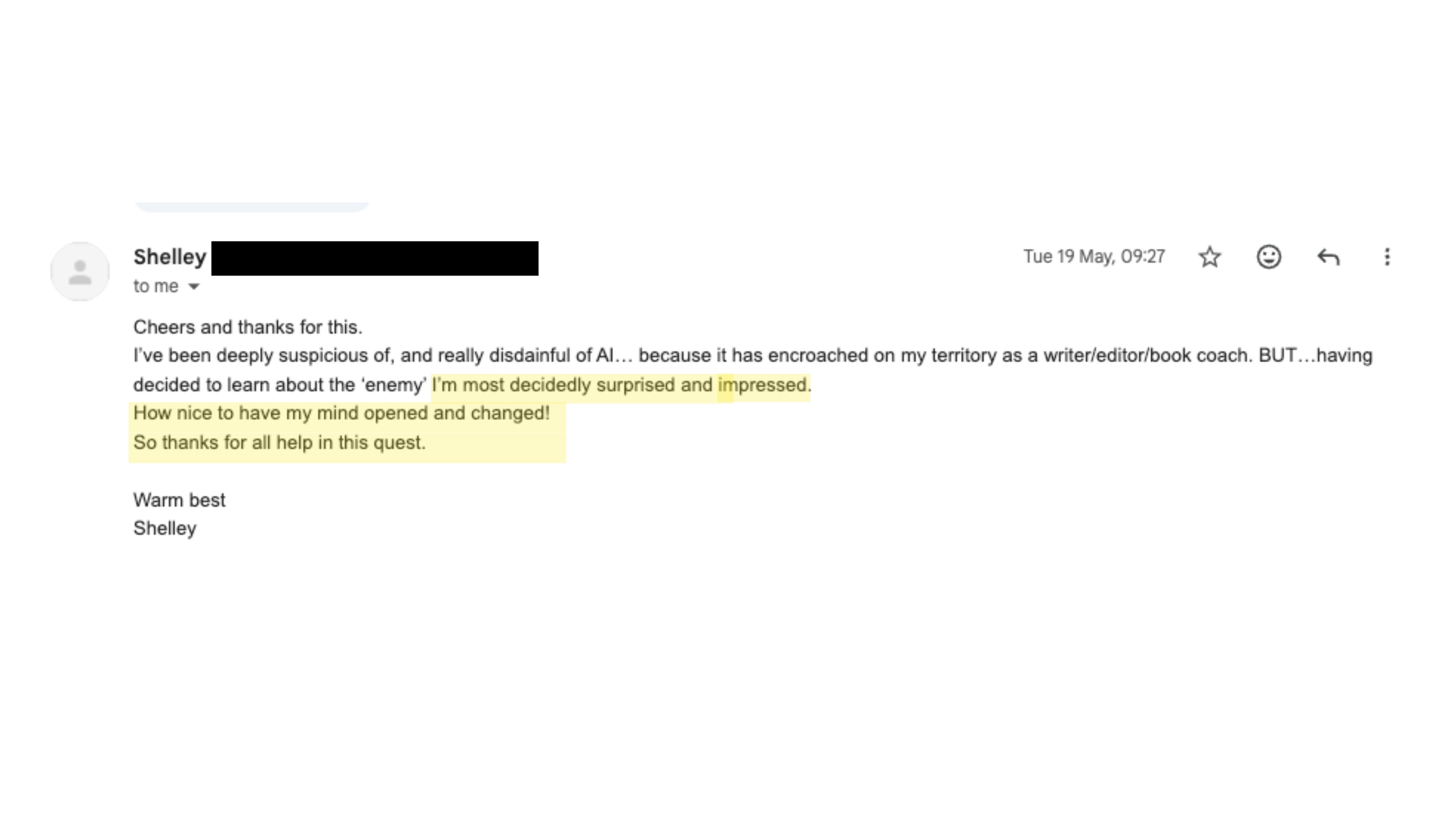 Email from a trauma therapist asking if Mariah offers private AI coaching