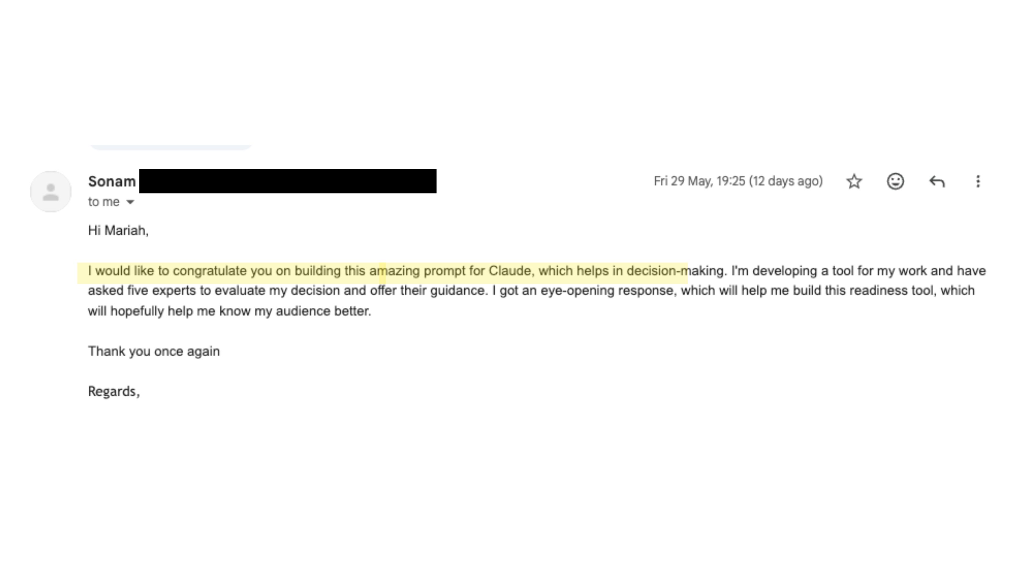 Email from an IT lead asking to consult with Mariah and have her guest speak