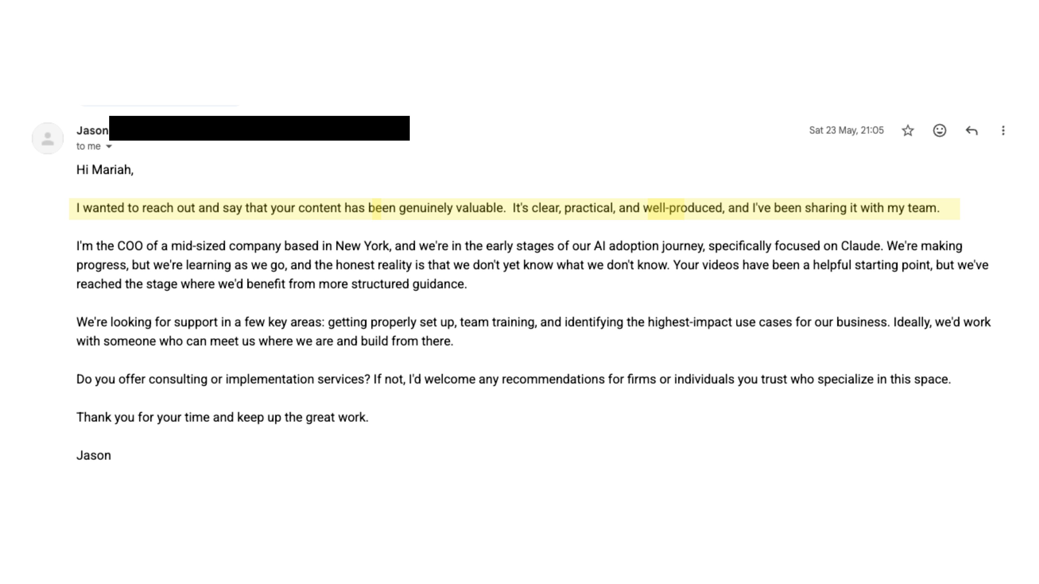 Email from a follower asking for private AI lessons