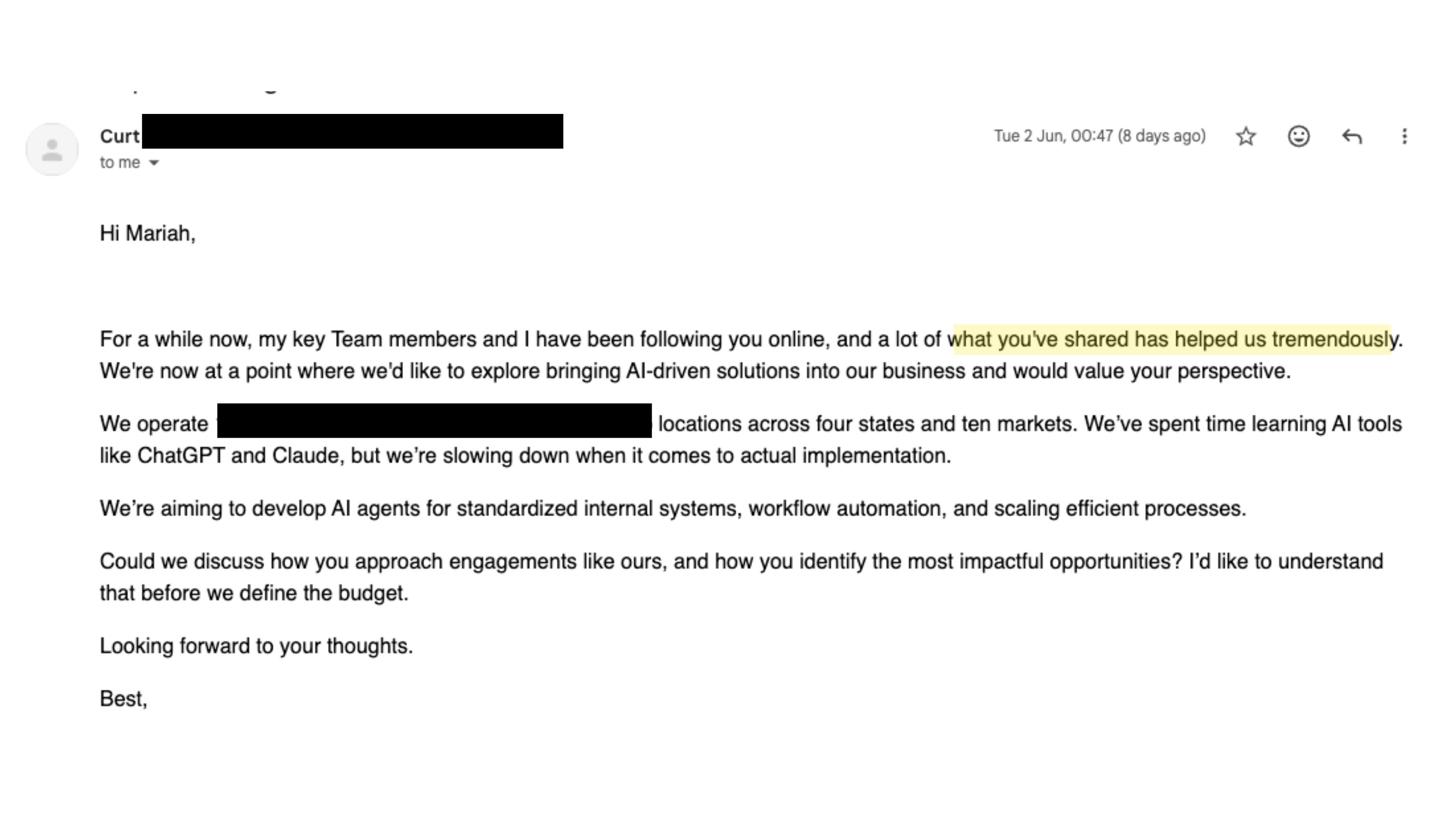Email from a senior legal counsel asking about Mariah's AI training cohort