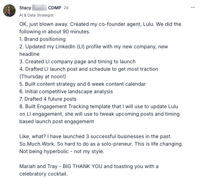 Round 1 member Stacy completed eight brand and launch tasks with her co-founder agent in 90 minutes