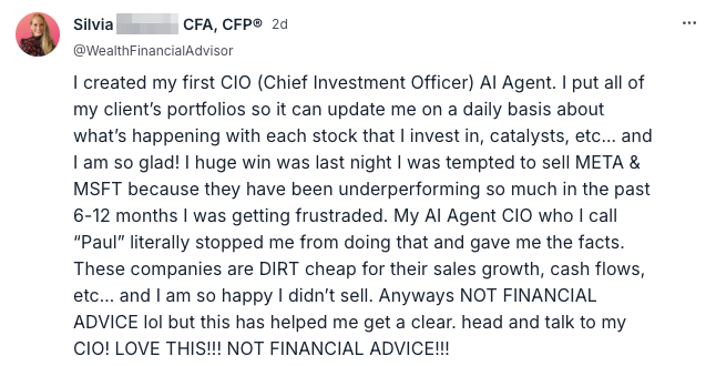Round 1 member Silvia built a CIO agent that reviews client portfolios daily