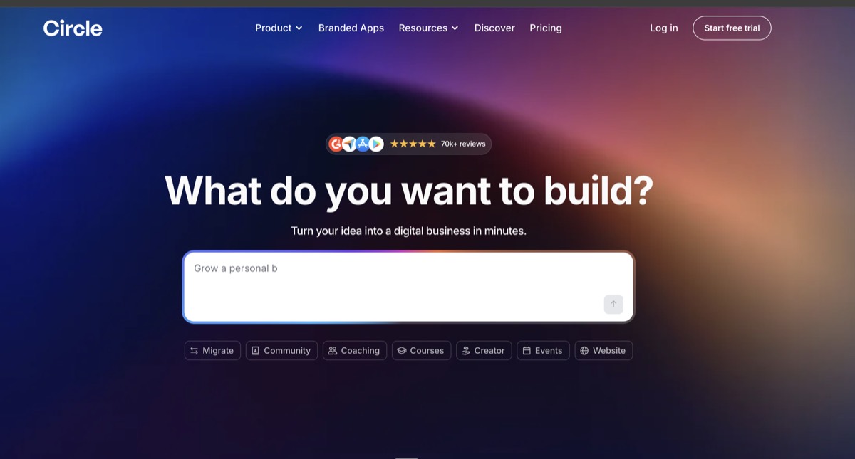 Circle's homepage with the box that asks what do you want to build